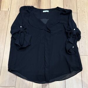 Calvin Klein Elegant Black Blouse with Adjustable Rolled Sleeves